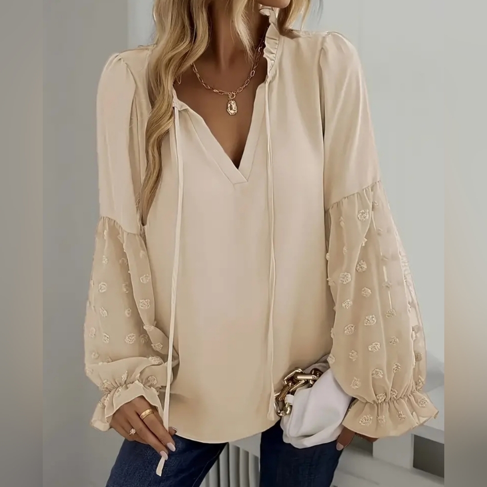 New Boho Flowy Peasant Tie Neck Swiss Dot Blouse Top Cream Beige Ivory - Picture 2 of 7